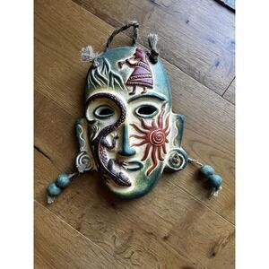 Vintage Mexican Folk Art Clay Wall Mask Sun Lizard Jute Beads Guerrero/Tonala
